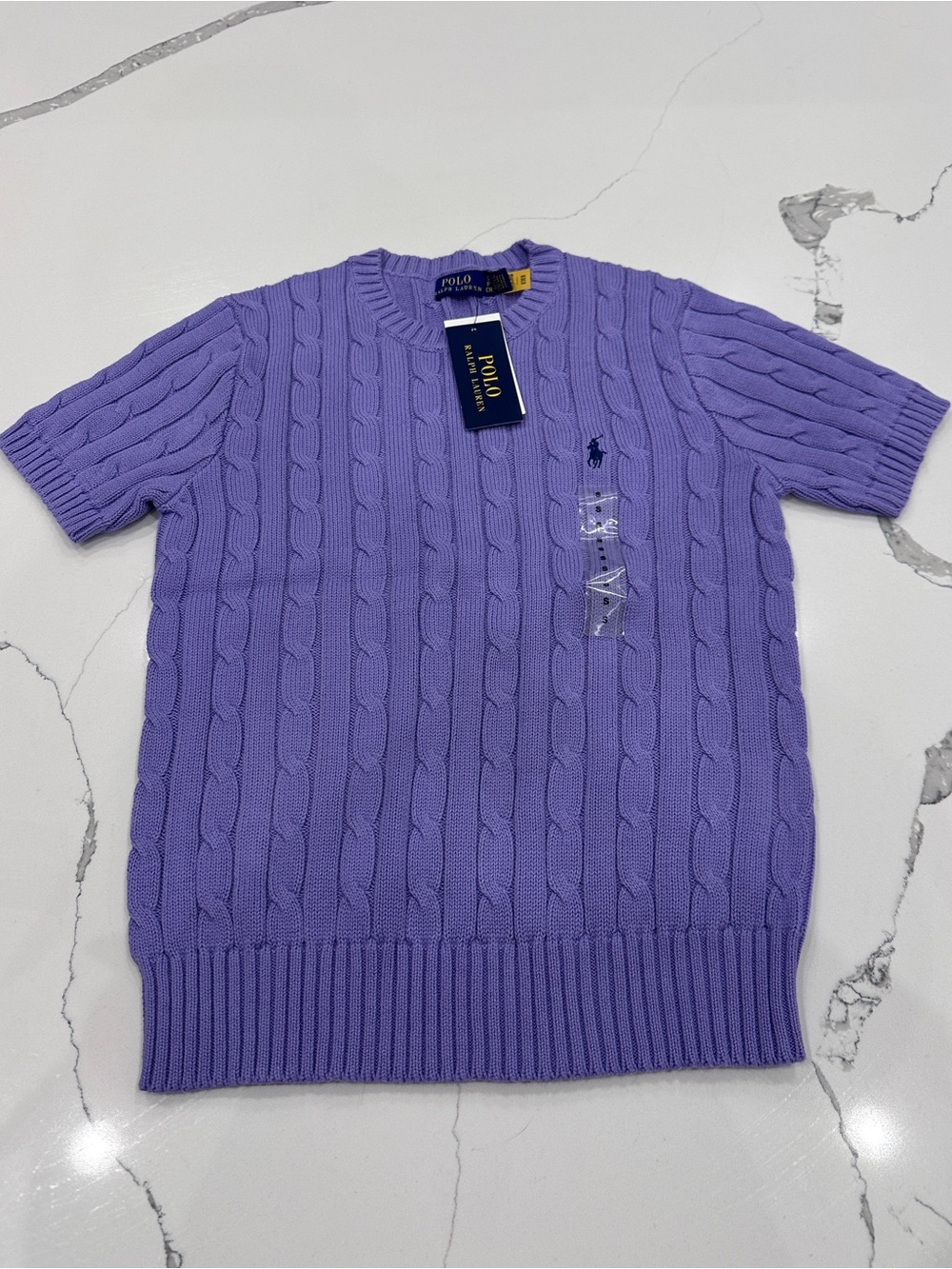 Polo Ralph Lauren Women’s Sweater Cable Knit Short Sleeve Logo Purple Sz S NWT
